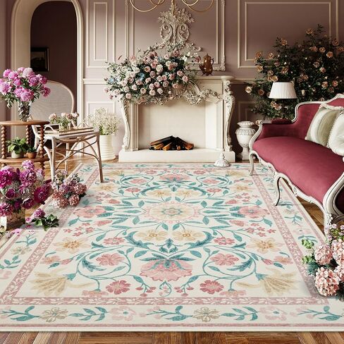 Lahome Floral Pink Rugs for Bedroom Girls, Boho Washable Area Rugs 8x10, Low Pile Soft Thin Rug with Non-Skid Rubber Backing for Kids Room Nursery Dining Room(Light Pink 8x10) in Saudi Arabia
