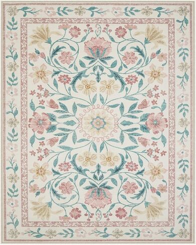 Lahome Floral Pink Rugs for Bedroom Girls, Boho Washable Area Rugs 8x10, Low Pile Soft Thin Rug with Non-Skid Rubber Backing for Kids Room Nursery Dining Room(Light Pink 8x10) in Saudi Arabia