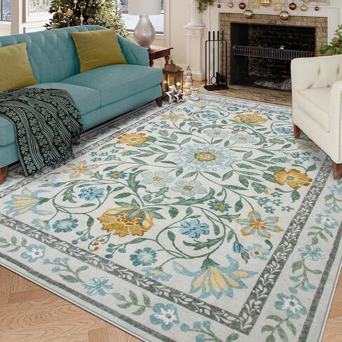 Lahome Floral Pink Rugs for Bedroom Girls, Boho Washable Area Rugs 8x10, Low Pile Soft Thin Rug with Non-Skid Rubber Backing for Kids Room Nursery Dining Room(Light Pink 8x10) in Saudi Arabia