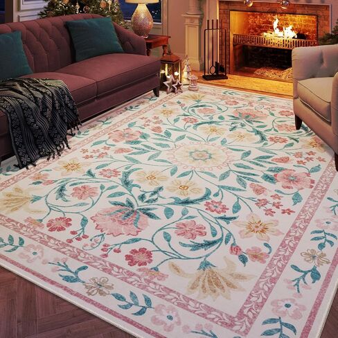 Lahome Floral Pink Rugs for Bedroom Girls, Boho Washable Area Rugs 8x10, Low Pile Soft Thin Rug with Non-Skid Rubber Backing for Kids Room Nursery Dining Room(Light Pink 8x10) in Saudi Arabia