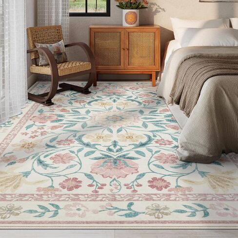 Lahome Floral Pink Rugs for Bedroom Girls, Boho Washable Area Rugs 8x10, Low Pile Soft Thin Rug with Non-Skid Rubber Backing for Kids Room Nursery Dining Room(Light Pink 8x10) in Saudi Arabia