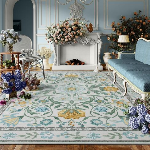 Lahome Floral Pink Rugs for Bedroom Girls, Boho Washable Area Rugs 8x10, Low Pile Soft Thin Rug with Non-Skid Rubber Backing for Kids Room Nursery Dining Room(Light Pink 8x10) in Saudi Arabia