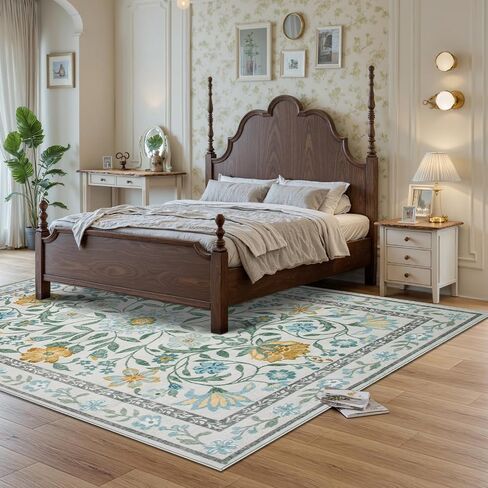 Lahome Floral Pink Rugs for Bedroom Girls, Boho Washable Area Rugs 8x10, Low Pile Soft Thin Rug with Non-Skid Rubber Backing for Kids Room Nursery Dining Room(Light Pink 8x10) in Saudi Arabia