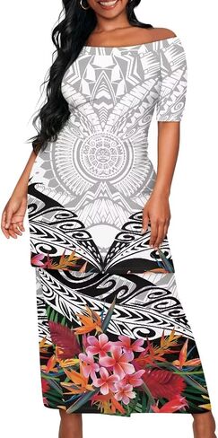 Polynesian Tribal Samoa Puletasi Set Dress Puletaha Ladies Off Shoulder Top and Skirts 2 Pcs Skirt Set Dress in Kuwait