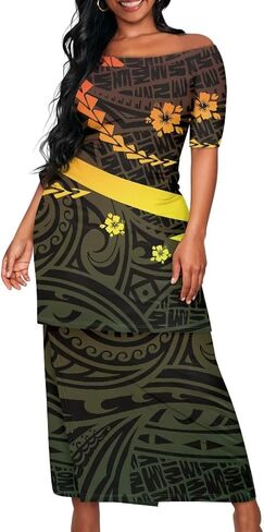 Polynesian Tribal Samoa Puletasi Set Dress Puletaha Ladies Off Shoulder Top and Skirts 2 Pcs Skirt Set Dress in Kuwait