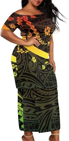 Polynesian Tribal Samoa Puletasi Set Dress Puletaha Ladies Off Shoulder Top and Skirts 2 Pcs Skirt Set Dress in Kuwait