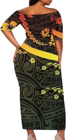 Polynesian Tribal Samoa Puletasi Set Dress Puletaha Ladies Off Shoulder Top and Skirts 2 Pcs Skirt Set Dress in Kuwait