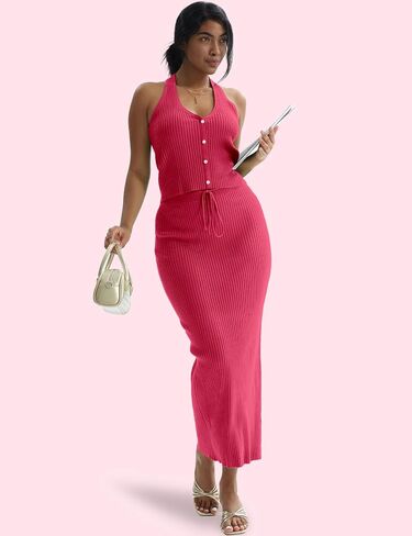 CHERFLY Womens 2 Piece Outfits 2024 Summer Casual Knit Skirt Set V-Neck Halter Top with Bodycon Midi Skirt Matching Sets in Saudi Arabia