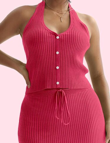 CHERFLY Womens 2 Piece Outfits 2024 Summer Casual Knit Skirt Set V-Neck Halter Top with Bodycon Midi Skirt Matching Sets in Saudi Arabia