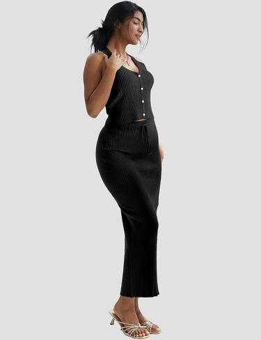 CHERFLY Womens 2 Piece Outfits 2024 Summer Casual Knit Skirt Set V-Neck Halter Top with Bodycon Midi Skirt Matching Sets in Saudi Arabia