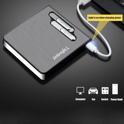 Full Pack 20 Regular Cigarettes Case Box Automatic Ejection Holder with Dual Arc Lighter USB Rechargeable, Flameless, Windproof,Moisture-Proof,Black in Kuwait