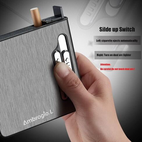 Full Pack 20 Regular Cigarettes Case Box Automatic Ejection Holder with Dual Arc Lighter USB Rechargeable, Flameless, Windproof,Moisture-Proof,Black in Kuwait
