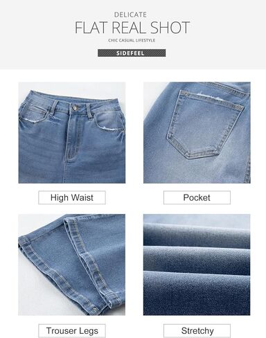 بنطال جينز كابري عالي الخصر للسيدات من Sidefeel ذو تصميم جرس وجزء سفلي من قماش الدنيم الصيفي المتوهج in Kuwait