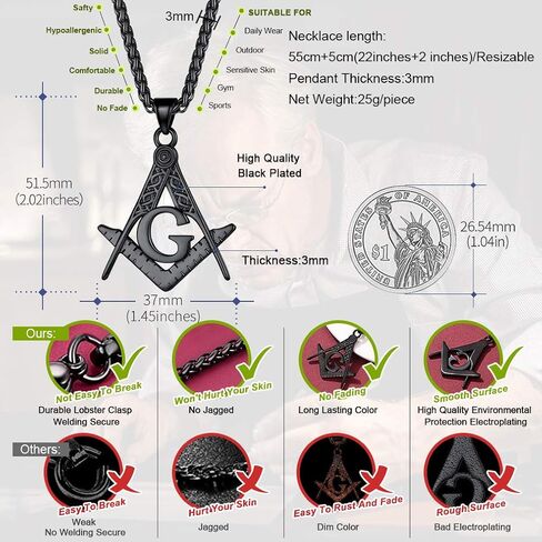 قلادة FaithHeart Masonic للرجال، رمز بوصلة الماسونية 18 قيراط مطلي بالذهب/الفولاذ المقاوم للصدأ ومجوهرات قلادة ماسونية مقبولة مع صندوق هدايا in Saudi Arabia