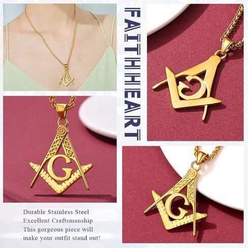 قلادة FaithHeart Masonic للرجال، رمز بوصلة الماسونية 18 قيراط مطلي بالذهب/الفولاذ المقاوم للصدأ ومجوهرات قلادة ماسونية مقبولة مع صندوق هدايا in Saudi Arabia