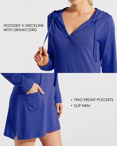 Willit Women's Long Sleeve Cotton Swim Cover Up UPF 50+ SPF Dress Hooded with Pockets Sun Protection Beach Coverup in Kuwait