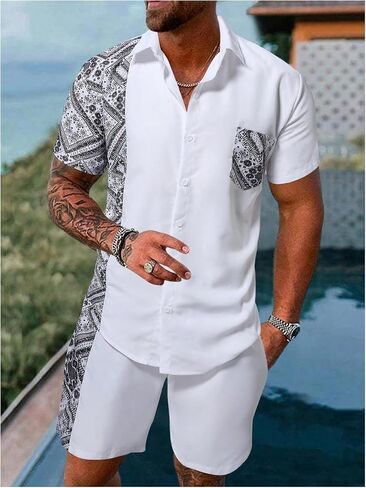 SweatyRocks Men's 2 Piece Outfits Color Block Paisley Print Button Down Shirt and Shorts Set in Saudi Arabia