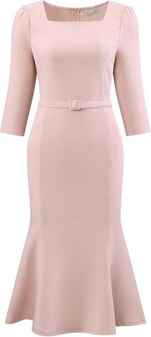 Women's Elgant Fishtail Dress Square Neck Belted 3/4 Sleeve Work Mermaid Dresses in Kuwait