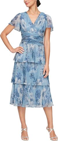 S.L. Fashions Women's Short Sleeve V-Neck Midi Cocktail Dress W/Ruched Waist, Wedding Guest Gown (Petite and Regular Sizes) in Saudi Arabia