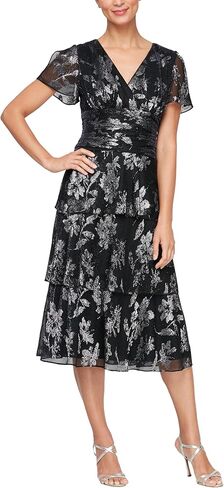 S.L. Fashions Women's Short Sleeve V-Neck Midi Cocktail Dress W/Ruched Waist, Wedding Guest Gown (Petite and Regular Sizes) in Saudi Arabia
