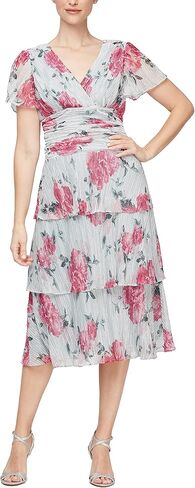 S.L. Fashions Women's Short Sleeve V-Neck Midi Cocktail Dress W/Ruched Waist, Wedding Guest Gown (Petite and Regular Sizes) in Saudi Arabia