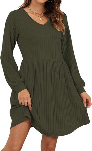 AUSELILY Womens Fall Dress 2024 Long Sleeve V Neck Short Dress Lightweight Casual Knit Sweater Dresses with Pockets in Saudi Arabia