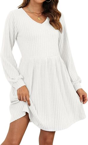 AUSELILY Womens Fall Dress 2024 Long Sleeve V Neck Short Dress Lightweight Casual Knit Sweater Dresses with Pockets in Saudi Arabia