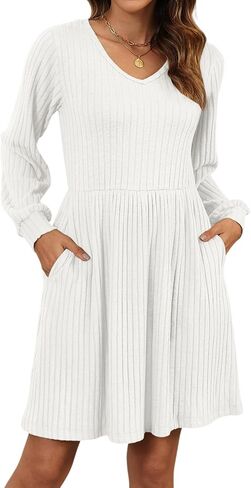 AUSELILY Womens Fall Dress 2024 Long Sleeve V Neck Short Dress Lightweight Casual Knit Sweater Dresses with Pockets in Saudi Arabia