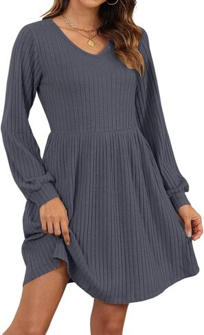 AUSELILY Womens Fall Dress 2024 Long Sleeve V Neck Short Dress Lightweight Casual Knit Sweater Dresses with Pockets in Saudi Arabia