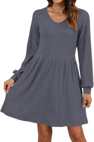 AUSELILY Womens Fall Dress 2024 Long Sleeve V Neck Short Dress Lightweight Casual Knit Sweater Dresses with Pockets in Saudi Arabia