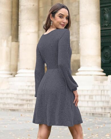 AUSELILY Womens Fall Dress 2024 Long Sleeve V Neck Short Dress Lightweight Casual Knit Sweater Dresses with Pockets in Saudi Arabia