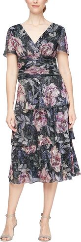 S.L. Fashions Women's Short Sleeve V-Neck Midi Cocktail Dress W/Ruched Waist, Wedding Guest Gown (Petite and Regular Sizes) in Saudi Arabia