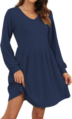 AUSELILY Womens Fall Dress 2024 Long Sleeve V Neck Short Dress Lightweight Casual Knit Sweater Dresses with Pockets in Saudi Arabia