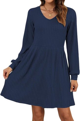 AUSELILY Womens Fall Dress 2024 Long Sleeve V Neck Short Dress Lightweight Casual Knit Sweater Dresses with Pockets in Saudi Arabia
