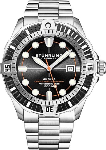 Stuhrling Mens Dive Watch with Swiss Automatic Movement Stainless Steel Case and Bracelet Screw Down Crown Water Resistant to 200 Meters in Saudi Arabia