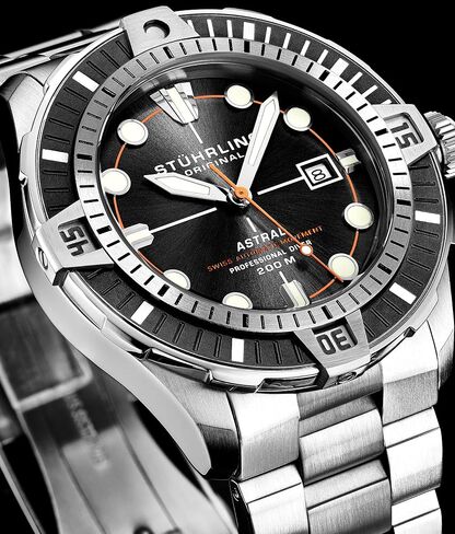 Stuhrling Mens Dive Watch with Swiss Automatic Movement Stainless Steel Case and Bracelet Screw Down Crown Water Resistant to 200 Meters in Saudi Arabia
