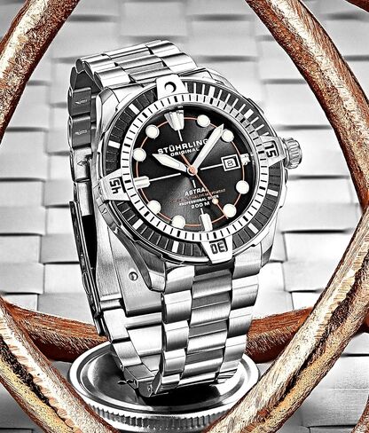 Stuhrling Mens Dive Watch with Swiss Automatic Movement Stainless Steel Case and Bracelet Screw Down Crown Water Resistant to 200 Meters in Saudi Arabia