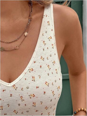 Women's Ditsy Floral Print Ribbed Knit Tank Top Sleeveless V Neck Slim Fit Vacation Tops in Saudi Arabia