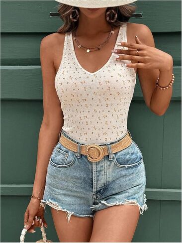 Women's Ditsy Floral Print Ribbed Knit Tank Top Sleeveless V Neck Slim Fit Vacation Tops in Saudi Arabia