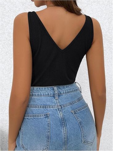 Women's Ditsy Floral Print Ribbed Knit Tank Top Sleeveless V Neck Slim Fit Vacation Tops in Saudi Arabia