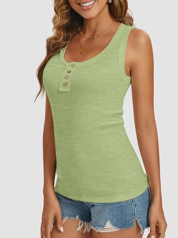 ATHMILE Women Tank Tops Summer Casual Ribbed Sleeveless Basic Cami Top Slim Henley Button Down Blouses in Kuwait