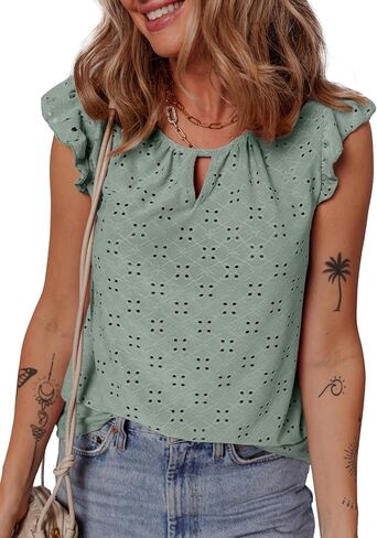 EVALESS Womens Summer Sleeveless Tank Tops Crewneck Ruffle Sleeve Eyelet Shirts Blouses in Kuwait
