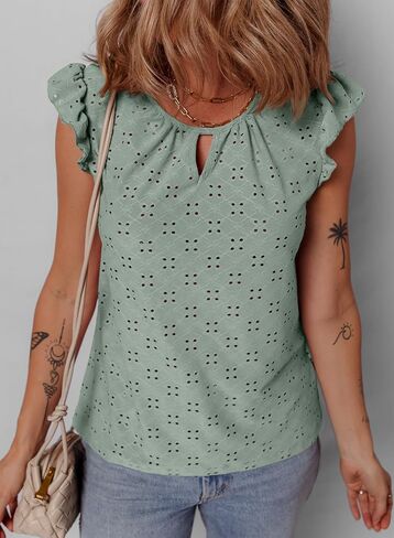 EVALESS Womens Summer Sleeveless Tank Tops Crewneck Ruffle Sleeve Eyelet Shirts Blouses in Kuwait