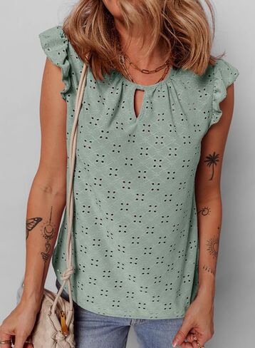 EVALESS Womens Summer Sleeveless Tank Tops Crewneck Ruffle Sleeve Eyelet Shirts Blouses in Kuwait