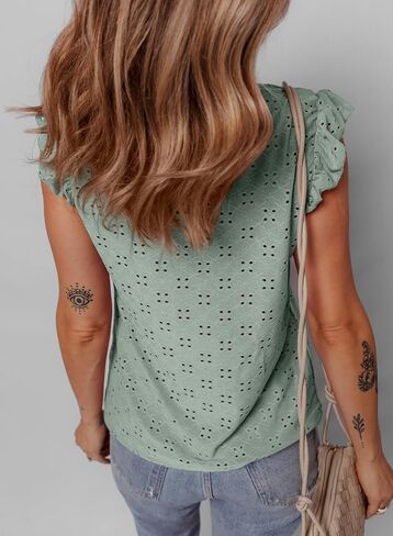 EVALESS Womens Summer Sleeveless Tank Tops Crewneck Ruffle Sleeve Eyelet Shirts Blouses in Kuwait