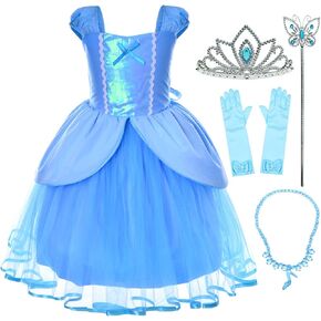 Joy Join Princess Costume Blue Dress for Toddler Girls Dress Up With Gloves,Crown,Wand,Necklace