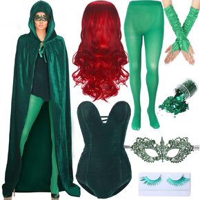 9 Pieces Halloween Green Costumes for Women Adult Witch Cloak Cosplay Outfits Accessories Set