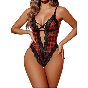 SOLY HUX Women's Lace Plaid Teddy Lingerie Bodysuit Spaghetti Strap Deep V Neck Babydoll Nightwear