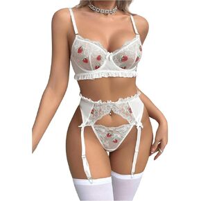 مجموعة ملابس داخلية نسائية من MakeMeChic مكونة من 5 قطع مطرزة بالزهور والدانتيل المكشكش وحمالة الصدر واللباس الداخلي in Saudi Arabia