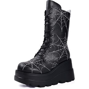 Gothniero Women Black Platform Goth Boots Mid Calf with Heel Knee High Boots Winter Chunky Heel Punk Rave Boots Girls Lace Up Combat Booties Size 5.5-11